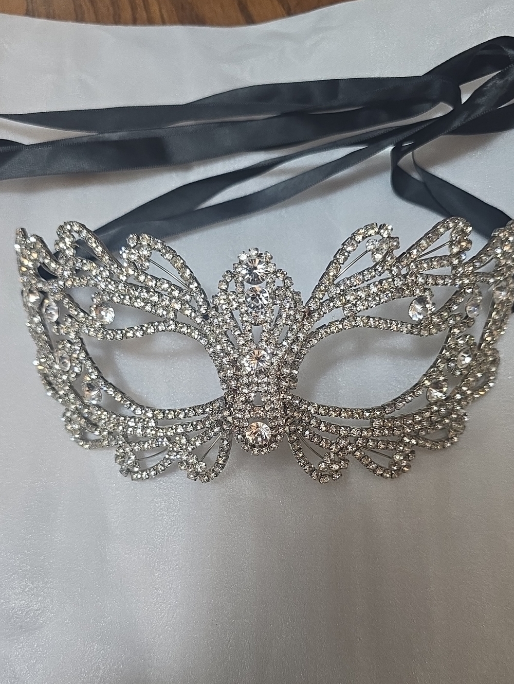 Crystal Rhinestone Masquerade Mask with Black Ribbon